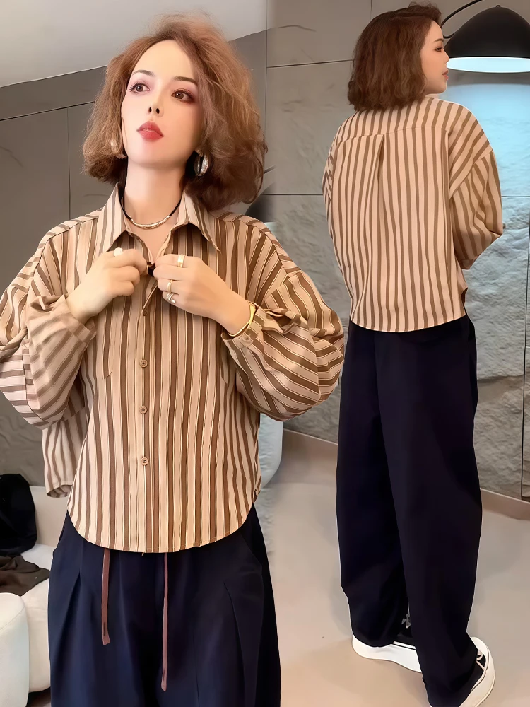 Haut Long rayé à la mode pour femmes, irt Faionable Street Sle, Vintage, coupe ample, couleur, col montant, boutonné