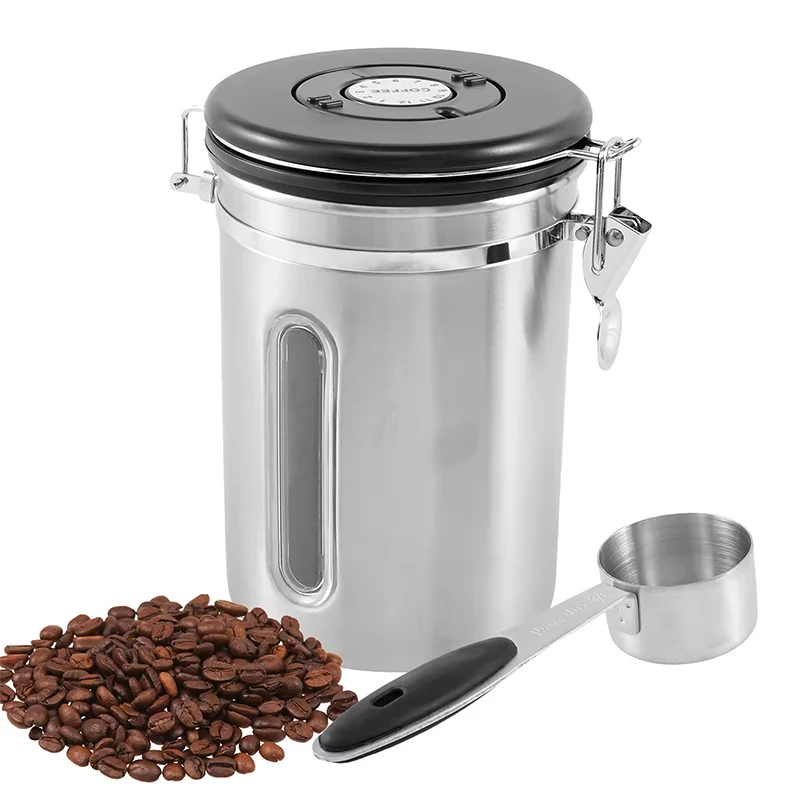 

304 Coffee Stainless Steel Airtight Canister With Co2 Vent And Spoon Transparent Window Design For Spices Dried Fruits Coffee