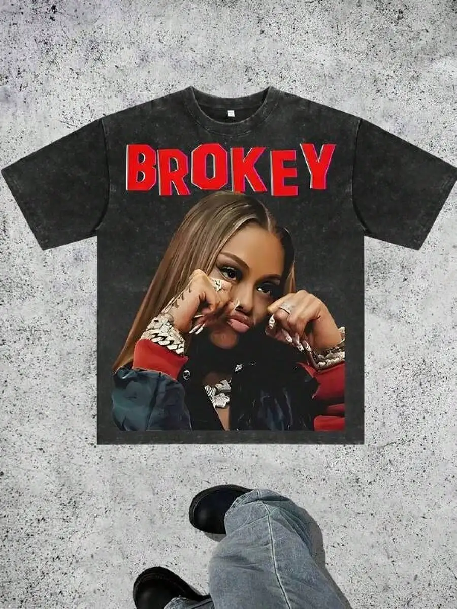 T Print ,Graphic-Cotton Tees Size Plus, Cartoon Short Sleeve, Men's Washed Round Neck T-Shirt, Pure 230GSM, "BROKY" 100% Cotton