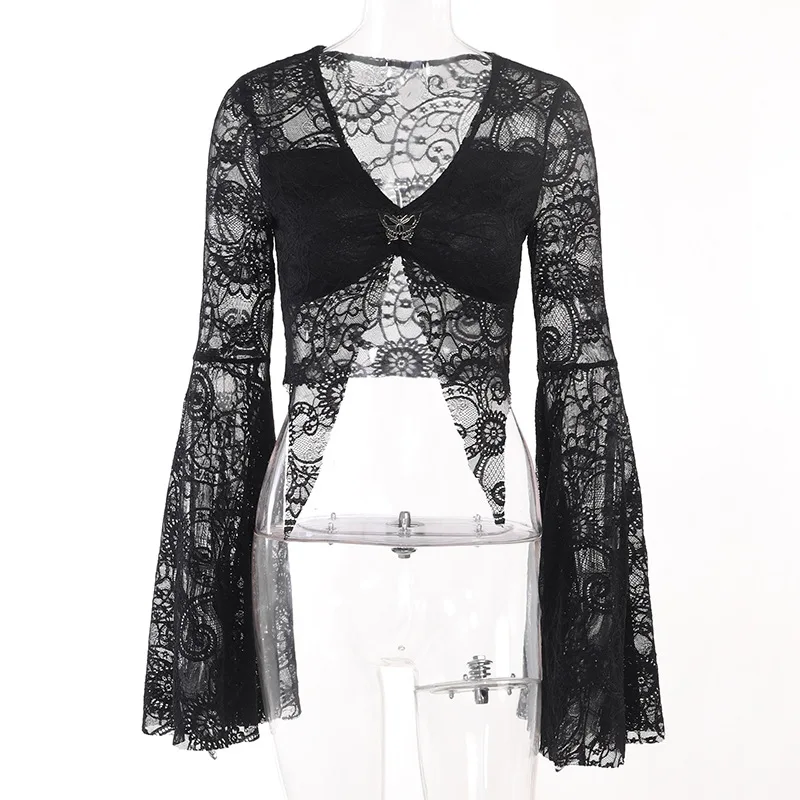 2023 Dark Lace See Through Mall Gothic Women T-shirts Emo Sexy Grunge Aesthetic Flare Sleeve Crop Tops Y2k Black V-neck Alt Tees