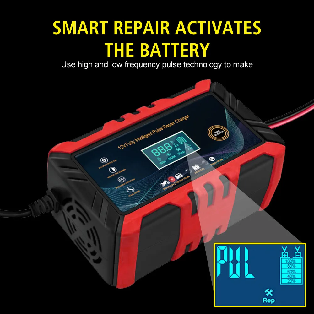 Pulse Repair 90W 12V 6A Inteligent Detection For Lead Acid Battery 100V/240V Input Car Battery Chargers Colorful Digital Display