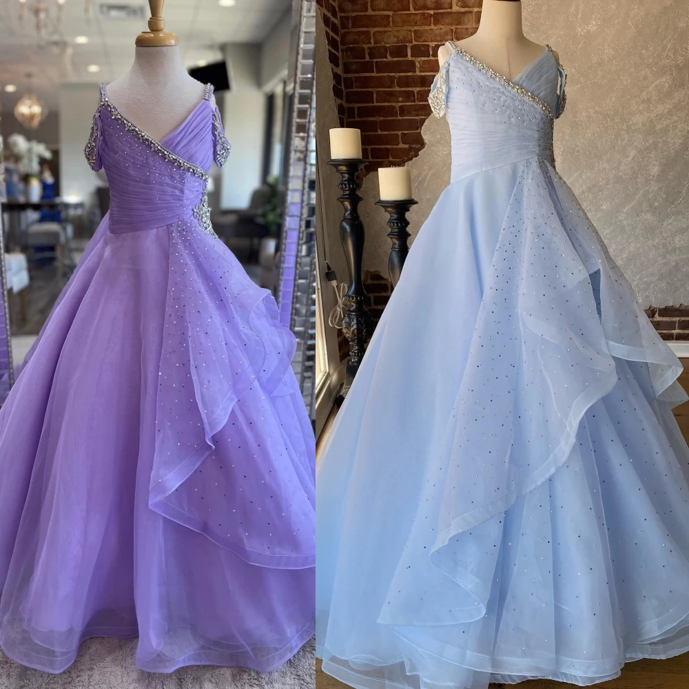 Light Purple Girl Pageant Dress 2024 Crystals Straps Organza Little Kid Birthday Formal Cocktail Party Gown Infant Toddler Teens