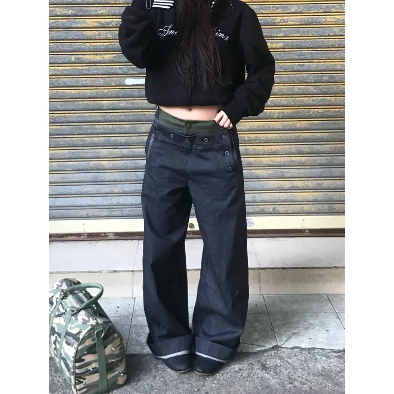 American High Street Button Waist Jeans Women Wide Leg Floor Length Jeans Bf Lazy Spicy Girl Style Daily Casual All Match Trendy