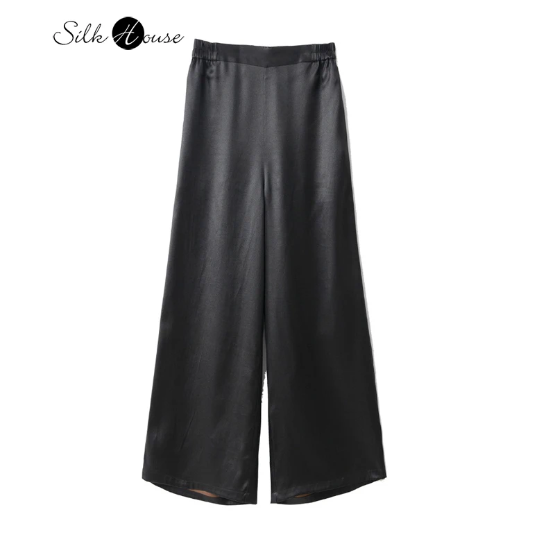 

Women's Clothing Heavy Satin 100% Natural Mulberry Silk Gambiered Guangdong Gauze Leather Oil Gloss Straight Leg Casual Pants