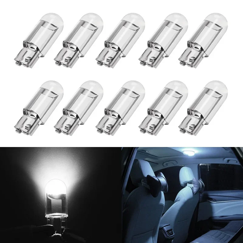 10pcs Newest W5W Led T10 Canbus Car Lights Signal Lamp COB Glass 6000K White Auto License Plate Lamp Dome Read Light Bulb 12V