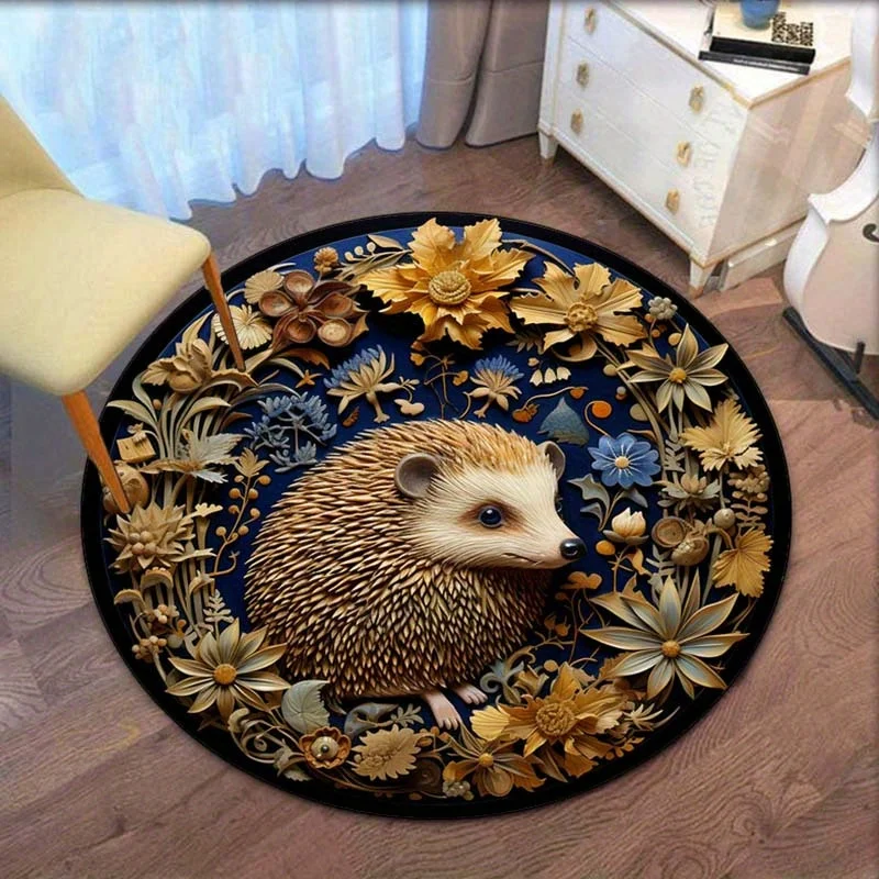 Hedgehog with Flowers and Nature Design Round Rug Soft Crystal Velvet Floor Mat Animal Theme Home Decor Living Room Carpet