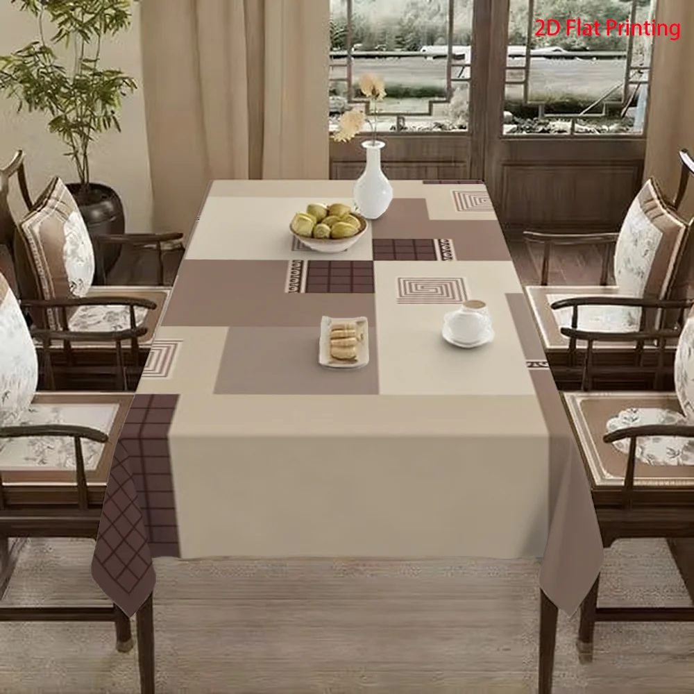 【JIT】Rectangular Tablecloth - An elegant tablecloth featuring a geometric patchwork pattern in brown and beige tones.zyc