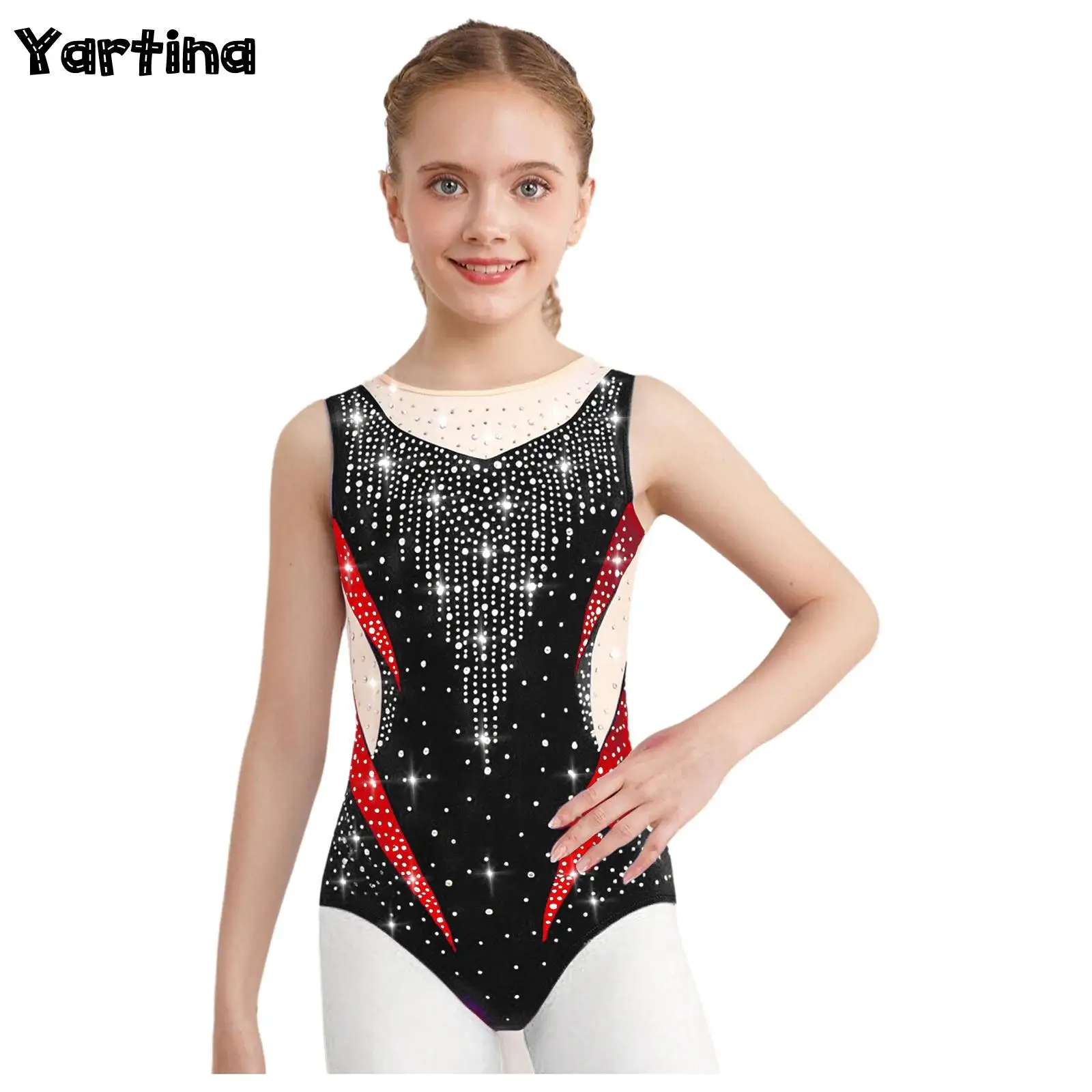 

Kids Girls Gymnastics artistic ballet jersey figure skating costume Metallic Leotard Sheer Mesh Sparkling Rhinestones Bodysuit