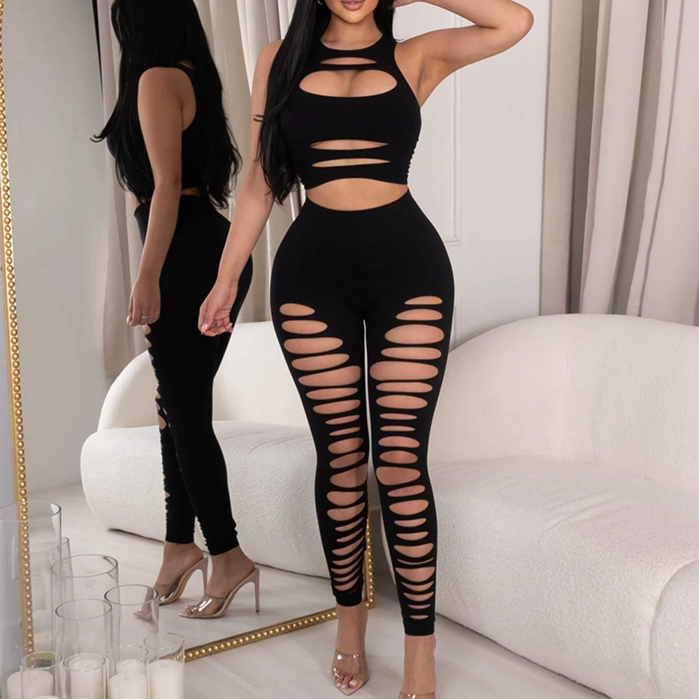 

Summer Women Ladder Cutout Cami Top & High Waist Pencil Pants Set Femme Hollow Out 2Pcs Casual Skinny 2 Pieces Outfits Sexy Club