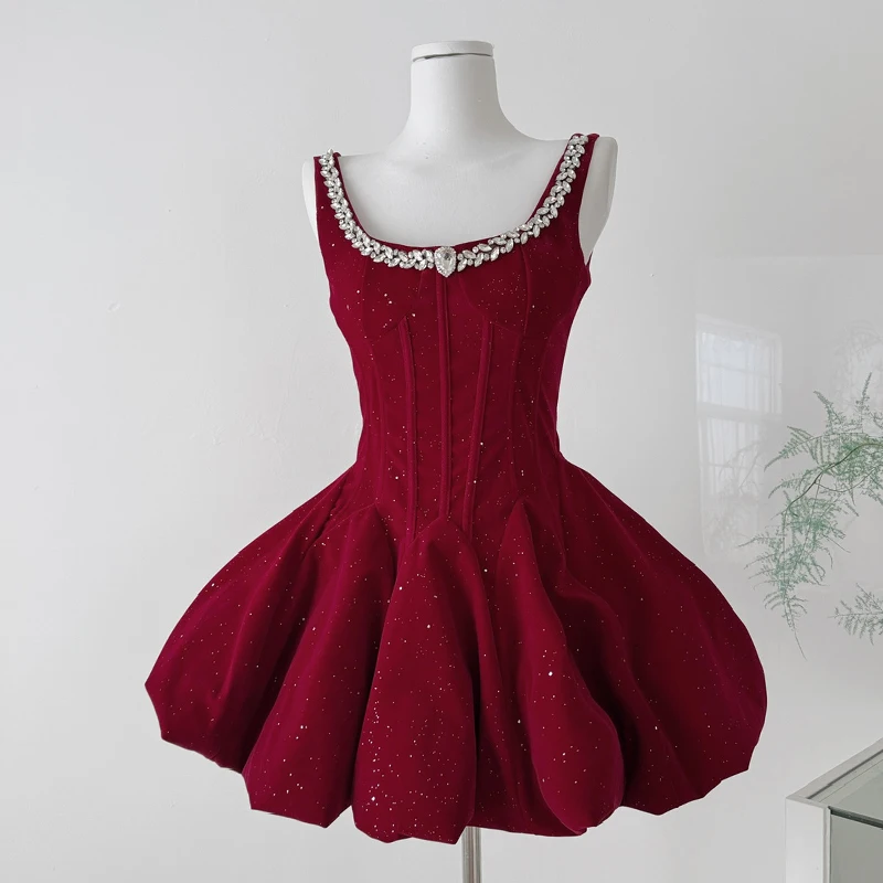 

Temperament Rhinestone Shining Velvet Ball Gown Hight Waist Slim Evening Party Cinched Waist Short Dresses Zip Up Red Bub Dress