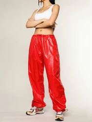 Women Mid Waist Faux Latex Leather Pants Casual Loose Drawstring Bloomers Elastic Waistband Trousers Stretch PU Sweatpants New
