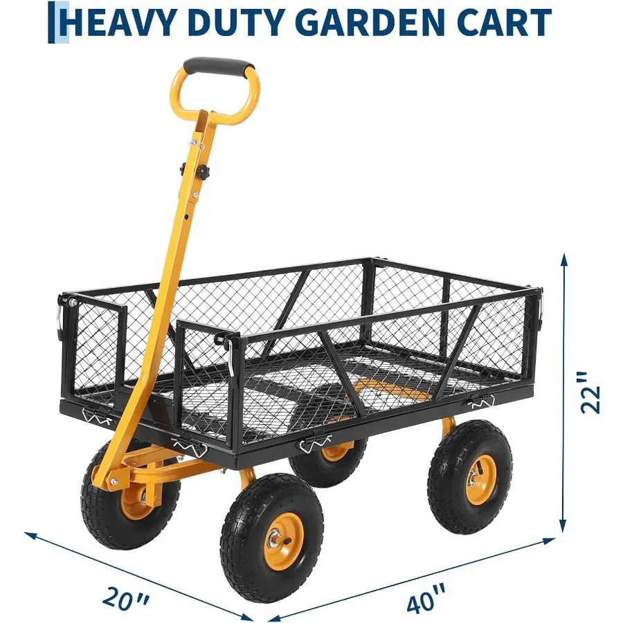 Heavy Duty Steel Garden Cart for outdoor use, steel, black, 950 LBS load capacity with 10 inch tires and 180 rotating handle fo