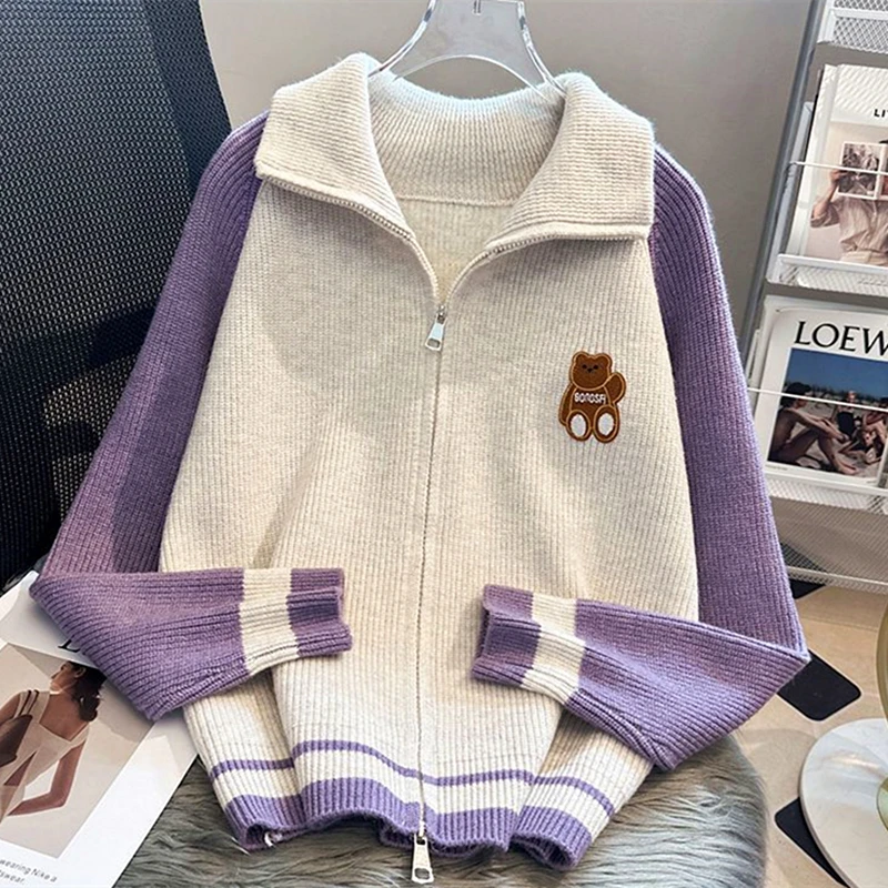 Cute Bear Embroidery Knitted Cardigan for Girls Zip Up Stand Collar Warm Winter Jackets Women Kawaii Cartoon Jumper Japanese Y2K