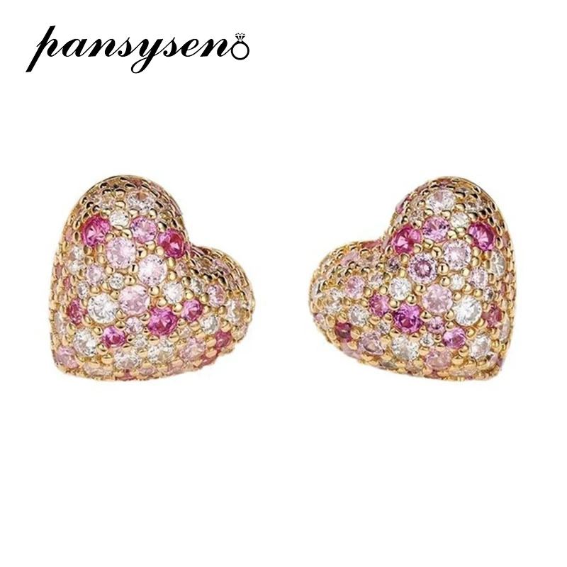

PANSYSEN Luxury Love Heart 925 Sterling Silver Pink Sapphire Diamond Stud Earrings for Women Wedding Party Fine Jewelry Gifts