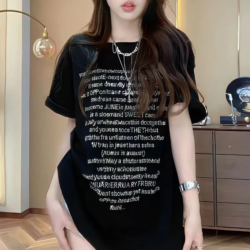 Summer Korean Letter Diamonds Pullovers Female Clothing Stylish Short Sleeve Commute Casual Round Neck Loose All-match T-shirt