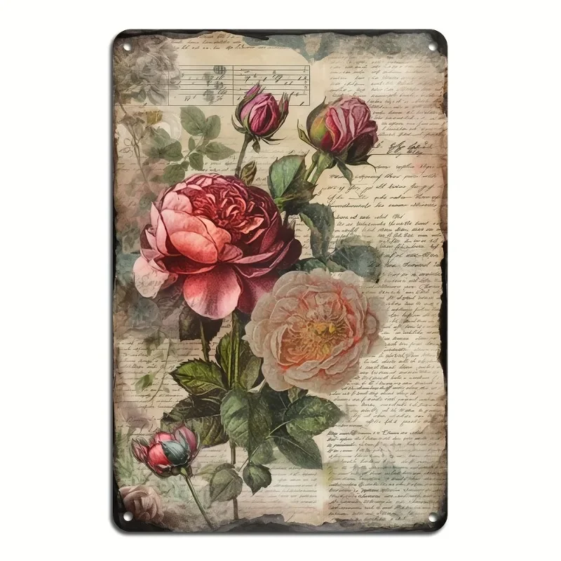 Vintage Rose Metal Mural Classic Floral Iron Plate Easy To Hang Versatile Home and Bar Decoration Waterproof 8×12 Inches