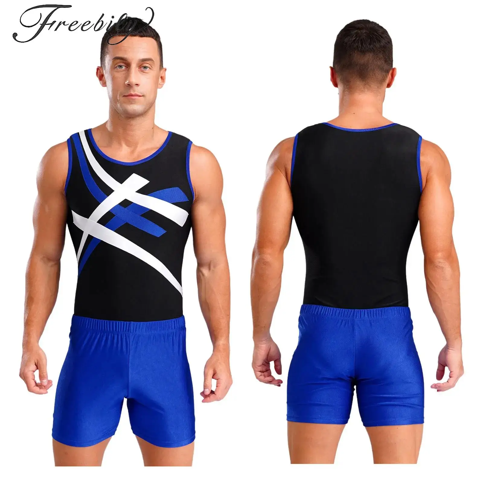 

Mens Sports Bodysuit Sleeveless Rhythmic Gymnastics Outfits Stretch Leotard with Shorts for Gym Workout Dance Practice Costume