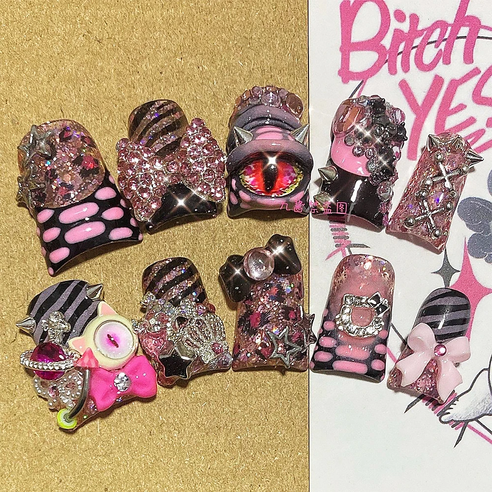 

Y2K Spice Girls Duck Bill Alligator Print Flash Diamond 3D Pink Demon Eyes Wear Nail Patch Detachable Party Nail Art Girl Gift