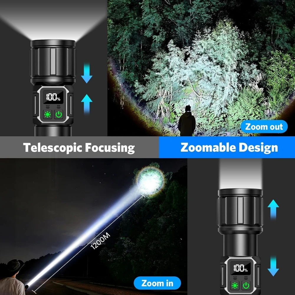 High Power LED Flashlight USB Rechargeable Long Range Spotlight Strong Light Lamp Tactical Torch Waterproof Zoom Outdoor Lantern