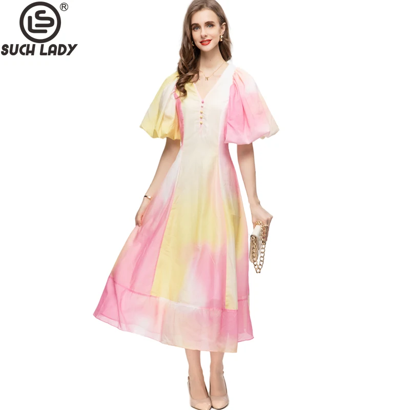 Women's Runway Dresses Sexy V Neck Short Lantern Sleeves Faded Color Fashion Designer High Street Vestidos