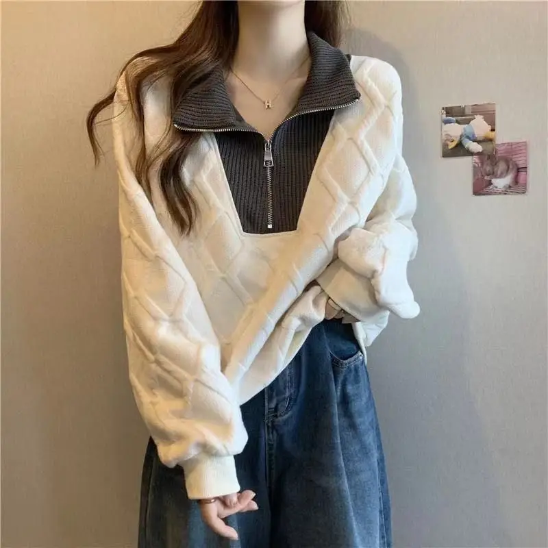 

Women Autumn Winter Fashion Loose Zipper Color Blocking Knitting Women Clothes All-match Korean Loose Long Sleeve Polo Collar