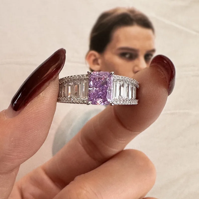 Live Streaming New 925 Silver High Carbon Diamond Ancestor Lavender Purple 5 * 7 Radian Cut European and American Ring