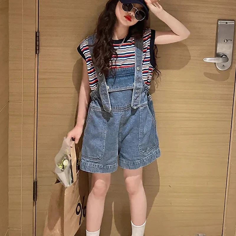 Middle Big Children's Loose Denim Overalls Shorts Girls Mid-rise Overalls Children's Casual Shorts Summer Thin Suspenders