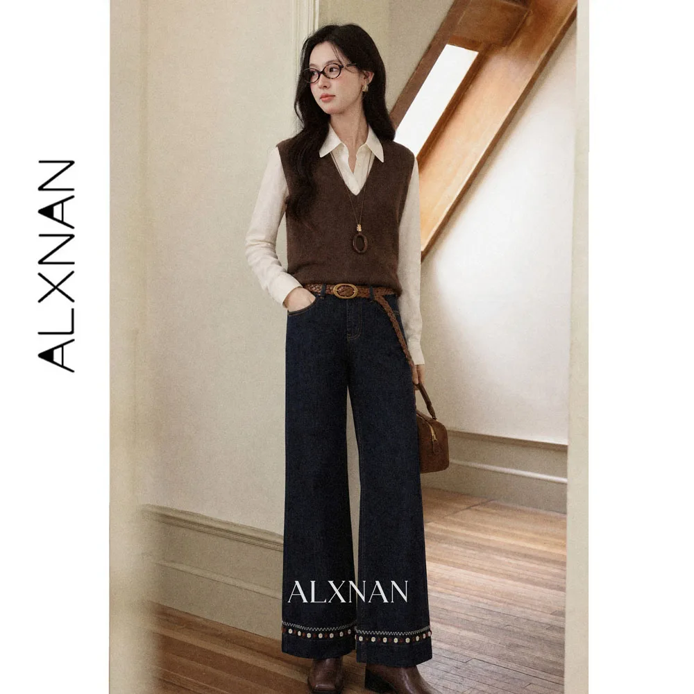 ALXNAN Women's Denim Blue Jeans Autumn Vintage High Waist Straight Pants 2026 Fashion Elegant Wide-leg Baggy Pants L681103A