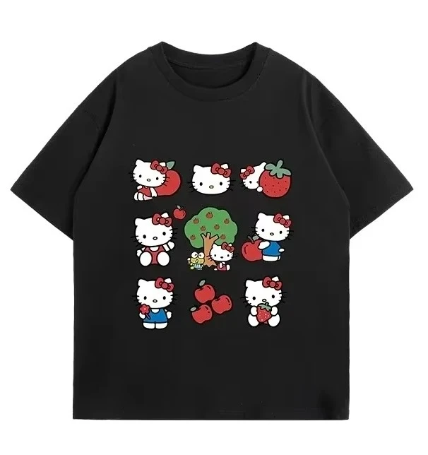 

Хлопковая футболка с забавным принтом Hello Kitty Sanrio, летняя женская футболка с рисунком и круглым вырезом, большие размеры, свободная повседневная мужская одежда