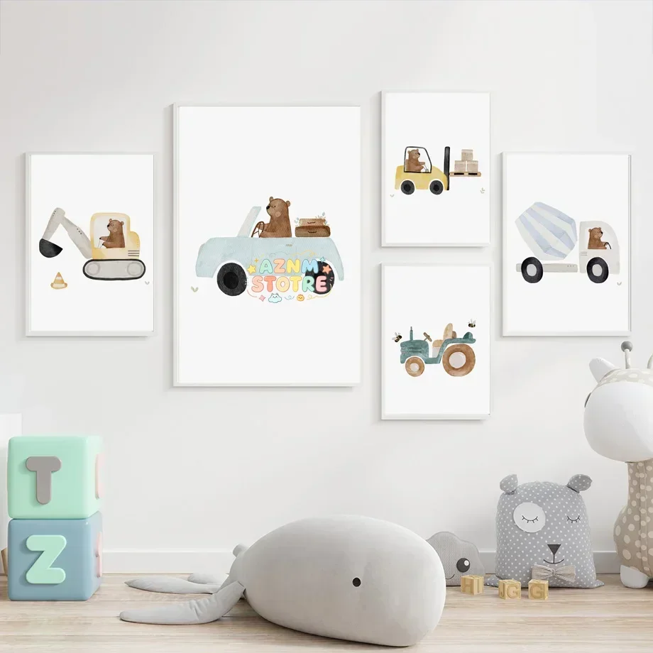 Boho Bear Forklift Excavator Car Truck Watercolor Posters Nursery Wall Art Children's Prints Canvas Painting Kids Boy Room De