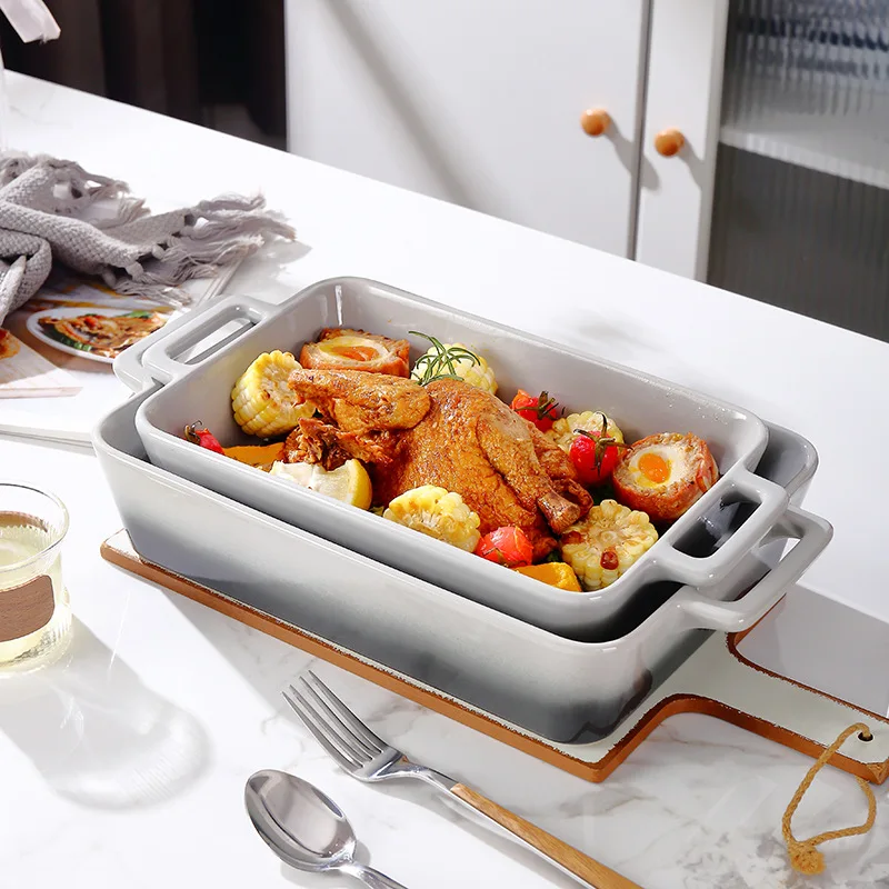 Gradual change gray ceramic binaural baking pan high-end rectangular with ear plate cooking utensils