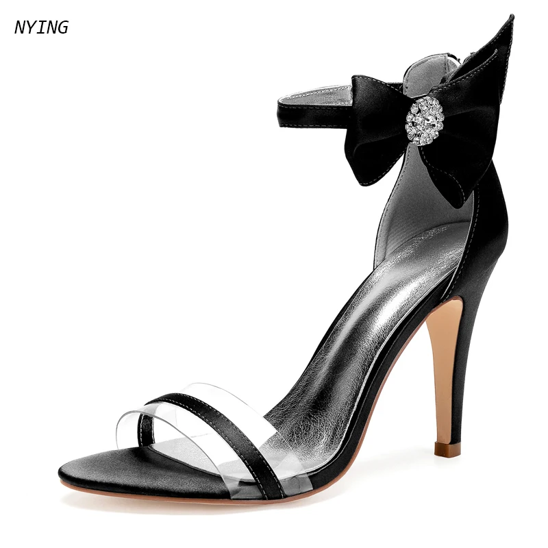 Women Clear PVC Strap Open Toe Sandals Satin Buttrtfly Rhinestone Ankle Strap Stiletto High Heels Evening Party Wedding Shoes