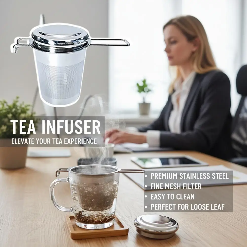 1pc Loose Leaf Tea Infuser Stainless Steel Double Handle With Lid Fine Mesh Coffee Filter Hanging Cup Leak Proof Strainer‌ view 4