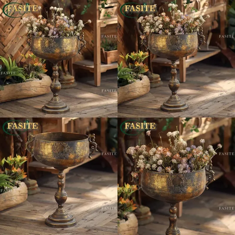 For Home Decor Moroccan Gold Carved Goblet Vase Wrought Iron Metal Floor Standing Flower Stand Wedding Ornament Foyer Welcome