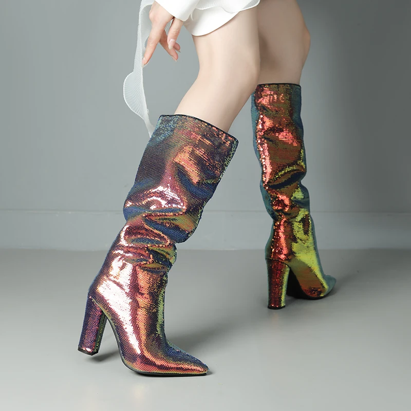 2024 Pointed Ultra High Thick Heeled Polka Dot Sequin Fabric Fashion Boots Bling Shiny Color Changing Thick Plush Knee Boots