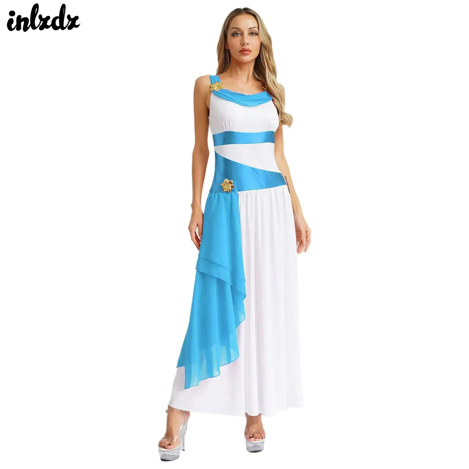 

Womens Halloween Themed Party Ancient Grecian Queen Princess Cosplay Costume Sleeveless Flower Chiffon Dress Role Play Costume