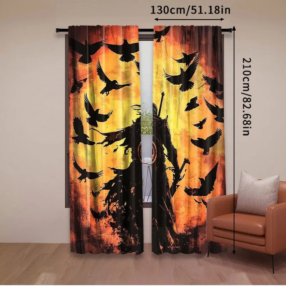 2Pcs Japanese Anime Samurai Windows Curtains Crow Curtain Theme For Living Room Bedroom Modern Simplistic Drapes