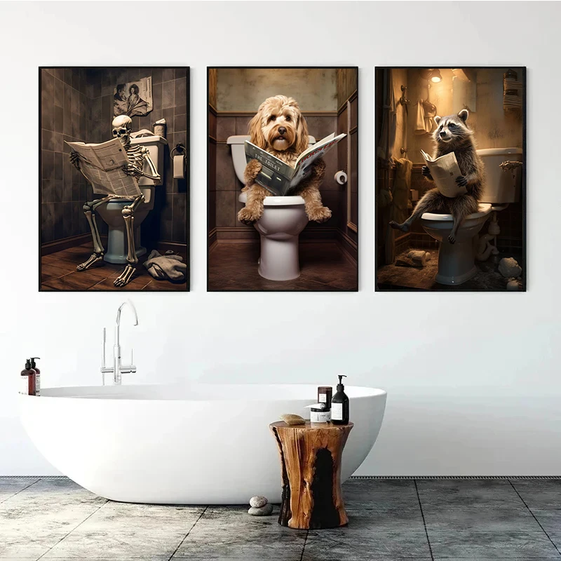 Dog Monkey Highland Cow Sitting on The Toilet Reading Newspaper Poster Animal Print Canvas Painting Funny Bathroom Wall Decor