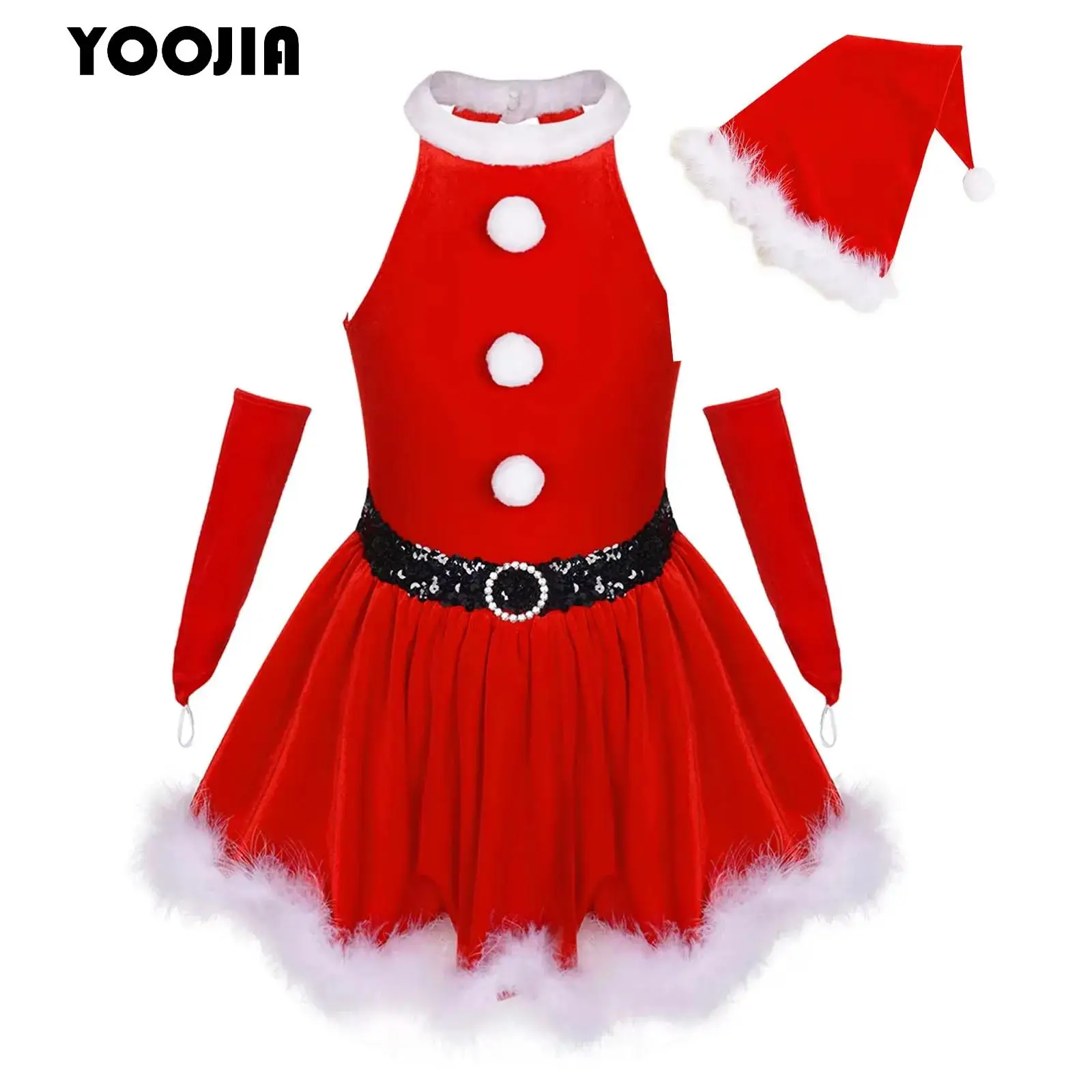 

Soft Velvet Girls Christmas Santa Claus Cosplay Costume Outfits Halloween New Year Red Ballet Tutu Skating Dance Leotard Dress