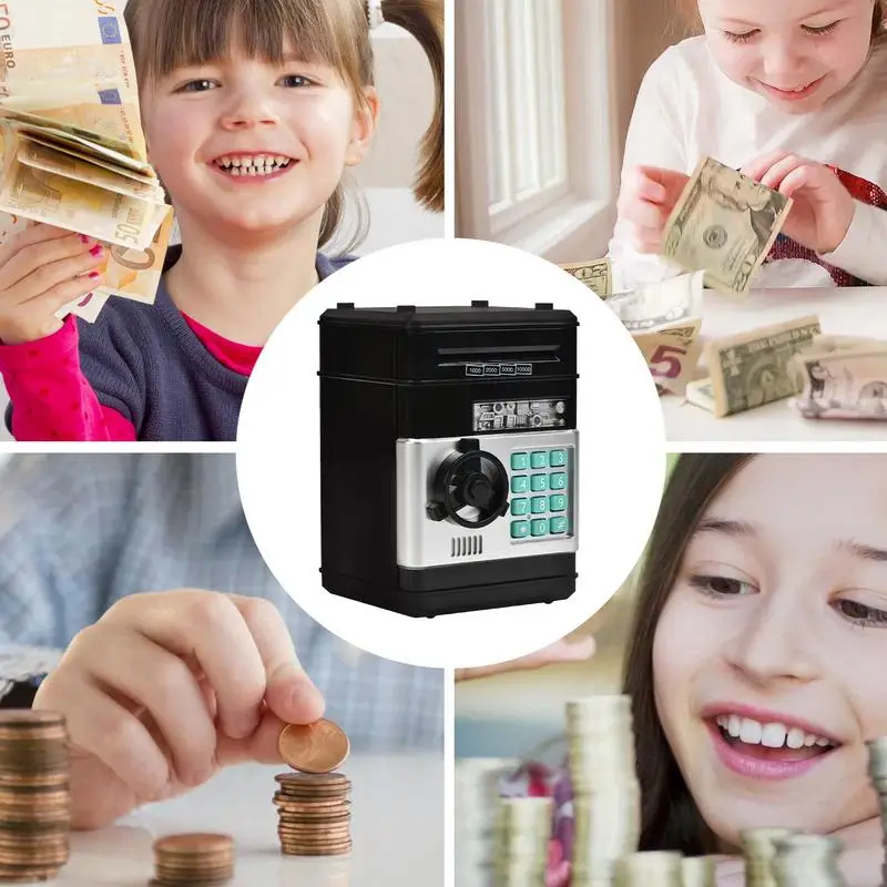 ATM-bank voor kinderen Elektronische ATM-besparingsbank voor kinderen 4-cijferig wachtwoord 600-munten of 100 bankbiljetten Capaciteit Kindermuntbank