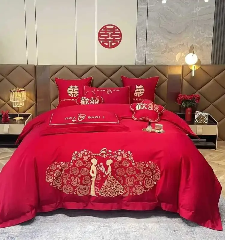 Light luxury embroidery four-piece wedding red quilt cover festive new wedding dowry bedding