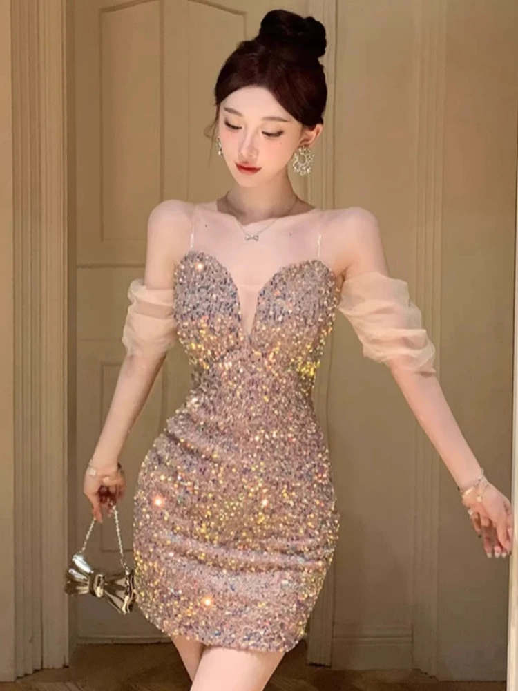 Sexy Sequin Dress Women's Fashion Spice Girl Strapless Deep V-Neck Backless Short Skirt 2026 New Birthday Party Dinner Dresses