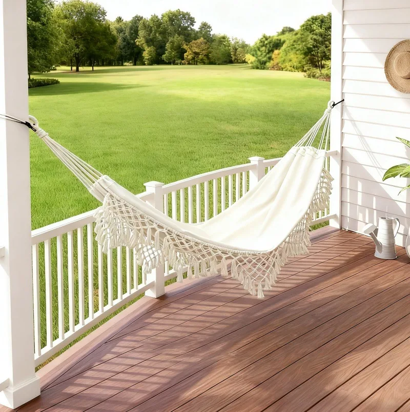

200X150cm Double Tassel Canvas Hammock Nordic Style Hanging Swing Large Size Indoor Outdoor Camping Home Leisure Rest Furniture