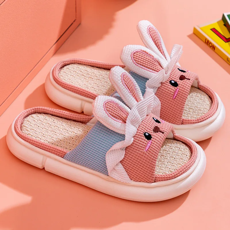 Zapatillas de plataforma informales de lino para mujer, zapatos planos de gran tamaño con dibujos animados de conejo, de diseñador, novedad de primavera, 2024