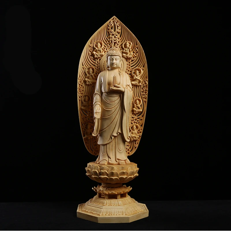 Pharmacist Buddha Sculpture Statue Solid Wood Traditional Hand Carving Wooden Home Living Room Decoration