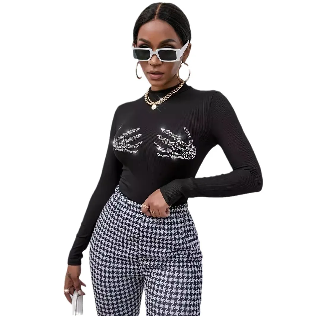 Cross-border 2025 Autumn and Winter New Ribbed Knitted Fashion Skull Hot Diamond T-shirt Top Cw77300