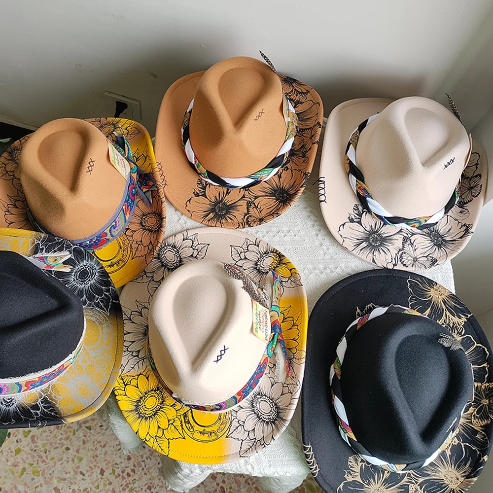 

Printed Fedora Western Cowboy Hat Flower Painted Jazz Hat Men and Women Cowboy Hat Wide Brim Fashion Hat Feather Accessories