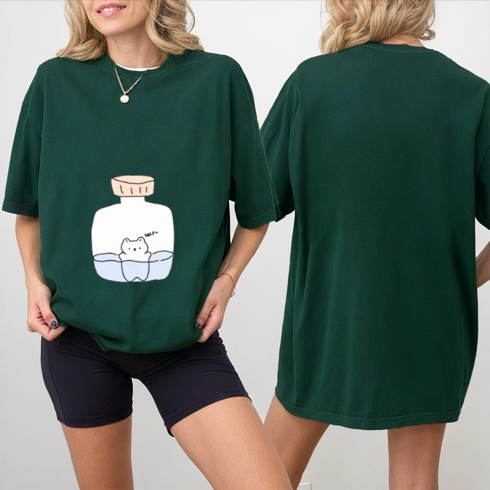 Klasyczna damska koszulka z krótkim rękawem, uroczy graficzny nadruk misia w butelce, luźny krój do noszenia na co dzień, Y2K, uroczy styl, niezbędna na co dzień.
