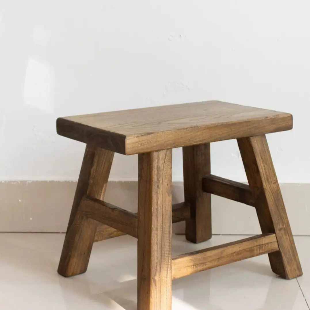 Mortise and Tenon Joint Wooden Stool Vintage Small Chair Solid Wood Ottoman for Living Room Solid Unfinished Wooden Bench