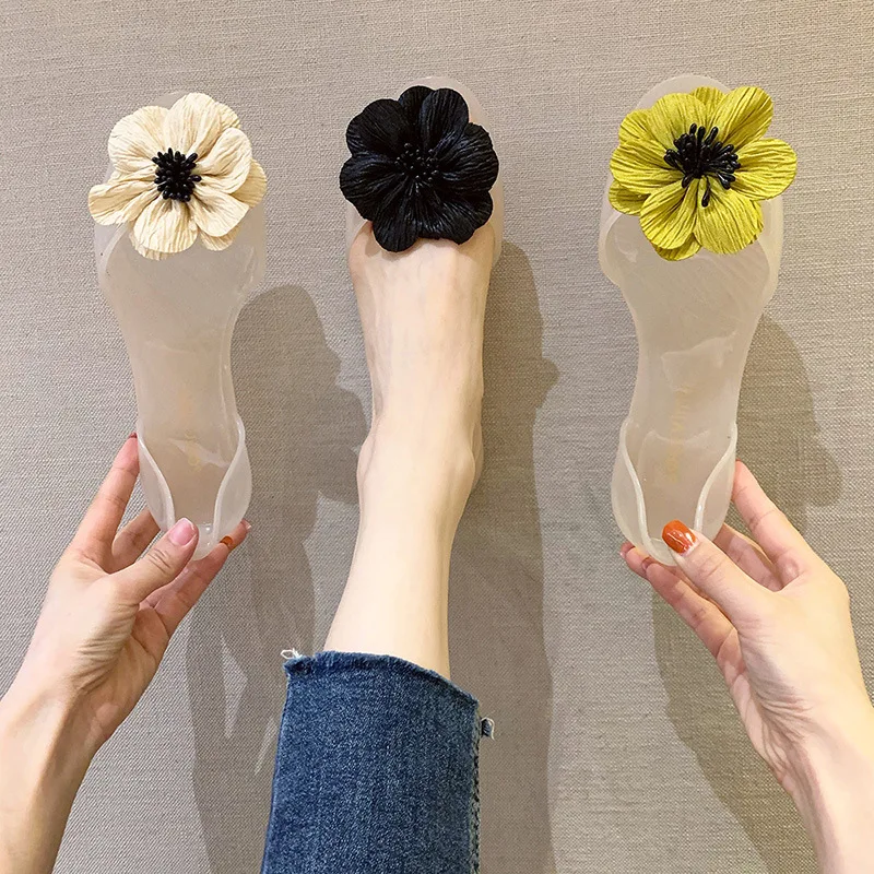 Size 35-41 Women Girls Jelly Sandals Peep-toe Shoes INS Hot Sales Sweet Sun Flowers Transparent PVC Summer Beach Flats Shoes